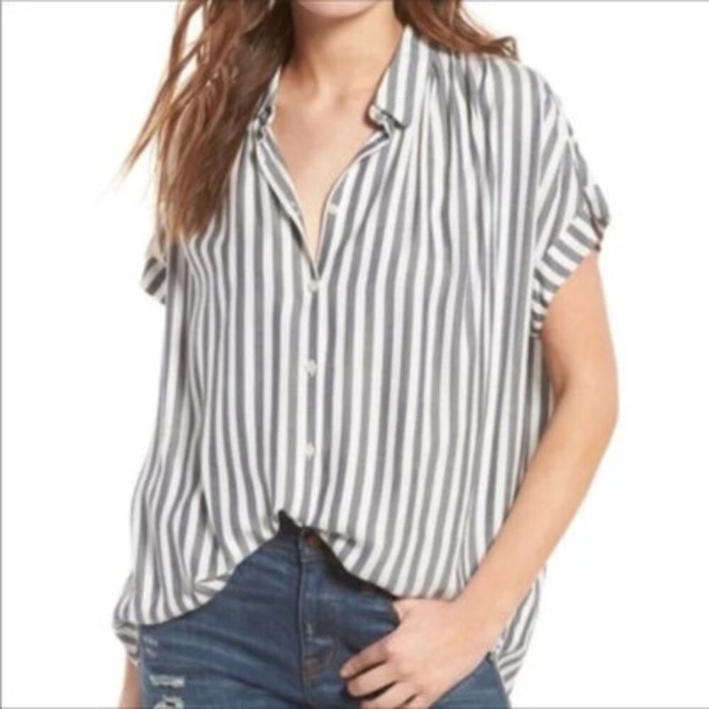 Madewell Central Drapey Shirt XS Gray Oversized Stripe Button Front Short Sleeve